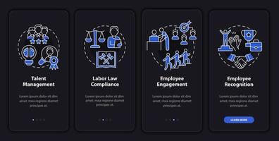 HR manager duties night mode onboarding mobile app screen. Walkthrough 4 steps graphic instructions pages with linear concepts. UI, UX, GUI template. Myriad Pro-Bold, Regular fonts used vector