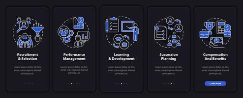 HR management basics night mode onboarding mobile app screen. Walkthrough 5 steps graphic instructions pages with linear concepts. UI, UX, GUI template. Myriad Pro-Bold, Regular fonts used vector