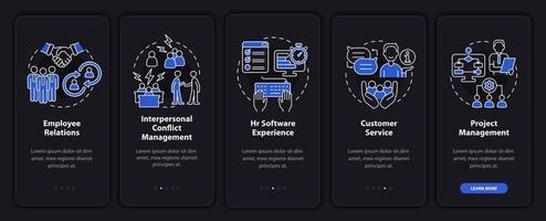 Habilidades para el modo nocturno del administrador de recursos humanos que incorpora la pantalla de la aplicación móvil. tutorial 5 pasos páginas de instrucciones gráficas con conceptos lineales. interfaz de usuario, ux, plantilla de interfaz gráfica de usuario. innumerables fuentes pro-negrita y regulares utilizadas vector