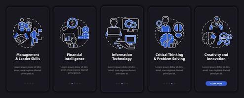 Skills for management night mode onboarding mobile app screen. Walkthrough 5 steps graphic instructions pages with linear concepts. UI, UX, GUI template. Myriad Pro-Bold, Regular fonts used vector