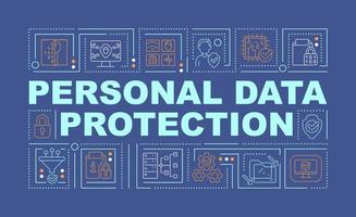 banner azul de conceptos de palabras de protección de datos personales. seguridad digital infografías con iconos lineales en el fondo. tipografía aislada. ilustración de color vectorial con texto. fuente arial-black utilizada vector