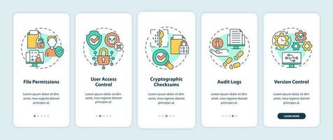 pantalla de la aplicación móvil de incorporación de integridad. tutorial de datos confidenciales páginas de instrucciones gráficas de 5 pasos con conceptos lineales. interfaz de usuario, ux, plantilla de interfaz gráfica de usuario. innumerables fuentes pro-negrita y regulares utilizadas vector