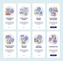 Sensitive information onboarding mobile app screen set. Safety walkthrough 4 steps graphic instructions pages with linear concepts. UI, UX, GUI template. Myriad Pro-Bold, Regular fonts used vector