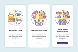 Examples of personal data onboarding mobile app screen. Identity walkthrough 3 steps graphic instructions pages with linear concepts. UI, UX, GUI template. Myriad Pro-Bold, Regular fonts used vector