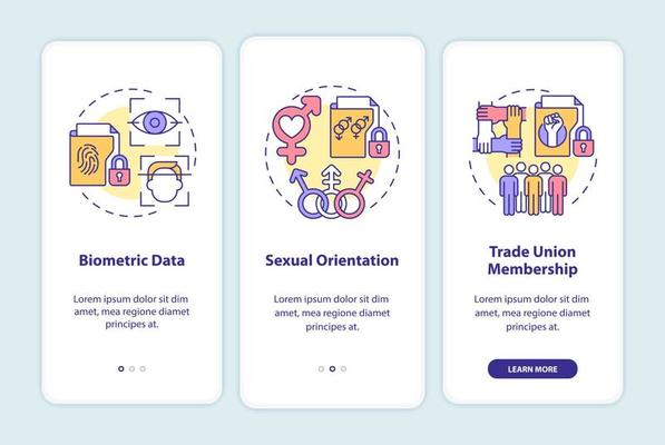 Examples of personal data onboarding mobile app screen. Identity walkthrough 3 steps graphic instructions pages with linear concepts. UI, UX, GUI template. Myriad Pro-Bold, Regular fonts used