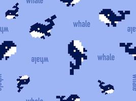 Whale cartoon character seamless pattern on blue background.Pixel style vector