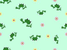 Frog cartoon character seamless pattern on green background.Pixel style vector