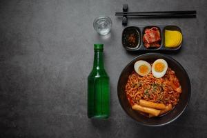 Korean instant noodle and tteokbokki in korean spicy sauce, Ancient food photo