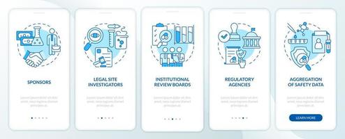 Safety blue onboarding mobile app screen. Clinical trials protection walkthrough 5 steps graphic instructions pages with linear concepts. UI, UX, GUI template. Myriad Pro-Bold, Regular fonts used vector