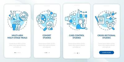 Clinical studies types blue onboarding mobile app screen. Healthcare walkthrough 4 steps graphic instructions pages with linear concepts. UI, UX, GUI template. Myriad Pro-Bold, Regular fonts used vector