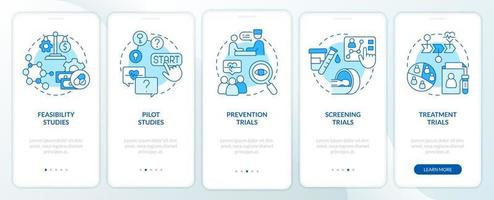 Types of clinical studies blue onboarding mobile app screen. Research walkthrough 5 steps graphic instructions pages with linear concepts. UI, UX, GUI template. Myriad Pro-Bold, Regular fonts used vector