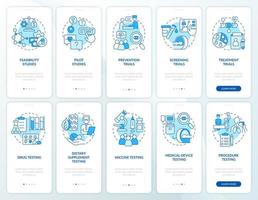 Clinical trials blue onboarding mobile app screen set. Medicine walkthrough 5 steps graphic instructions pages with linear concepts. UI, UX, GUI template. Myriad Pro-Bold, Regular fonts used vector