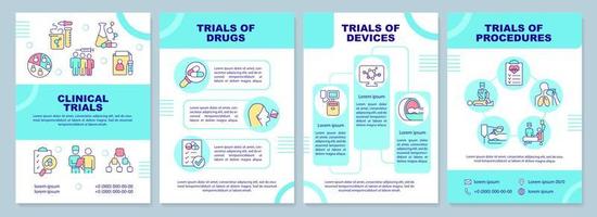 Plantilla de folleto turquesa de tipos de ensayos clínicos. ciencia médica. diseño de folletos con iconos lineales. 4 diseños vectoriales para presentación, informes anuales. arial-black, innumerables fuentes pro-regulares utilizadas vector