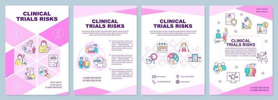 Clinical trials risks pink brochure template. Side effects. Leaflet design with linear icons. 4 vector layouts for presentation, annual reports. Arial-Black, Myriad Pro-Regular fonts used