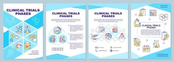 Clinical trials phases blue brochure template. Healthcare tests. Leaflet design with linear icons. 4 vector layouts for presentation, annual reports. Arial-Black, Myriad Pro-Regular fonts used