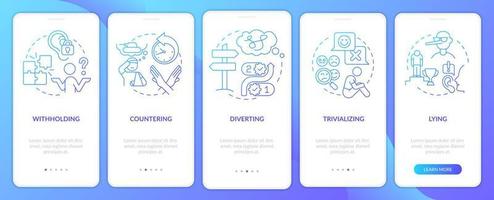 Emotional manipulation cases blue gradient onboarding mobile app screen. Walkthrough 5 steps graphic instructions pages with linear concepts. UI, UX, GUI template. Myriad Pro-Bold, Regular fonts used vector