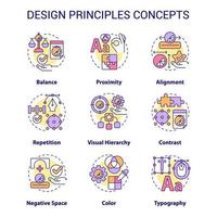 Design principles concept icons set. Art and creative work. Visual content trends idea thin line color illustrations. Isolated symbols. Editable stroke. Roboto-Medium, Myriad Pro-Bold fonts used vector