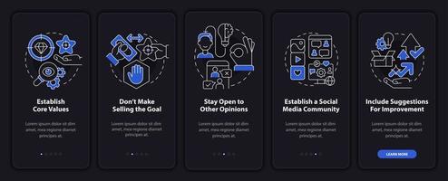 Establish transparency night mode onboarding mobile app screen. Business walkthrough 5 steps graphic instructions pages with linear concepts. UI, UX, GUI template. Myriad Pro-Bold, Regular fonts used vector