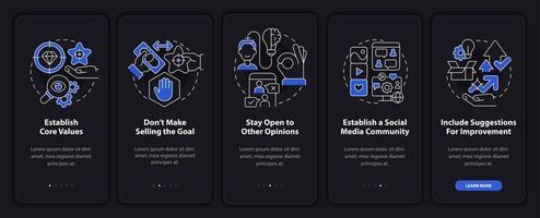 establezca el modo nocturno de transparencia incorporando la pantalla de la aplicación móvil. tutorial de negocios 5 pasos páginas de instrucciones gráficas con conceptos lineales. interfaz de usuario, ux, plantilla de interfaz gráfica de usuario. innumerables fuentes pro-negrita y regulares utilizadas vector