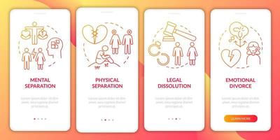 Divorce surviving red gradient onboarding mobile app screen. Breakup walkthrough 4 steps graphic instructions pages with linear concepts. UI, UX, GUI template. Myriad Pro-Bold, Regular fonts used vector