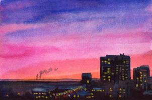 watercolor cityscape, evening sunset photo