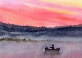 Blue misty forest river with fisherman landscape watercolor illustration photo