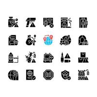 Smuggling black glyph icons set on white space. Illegal import and export. Illicit drugs trade. International crime prevention. Border security. Silhouette symbols. Vector isolated illustration