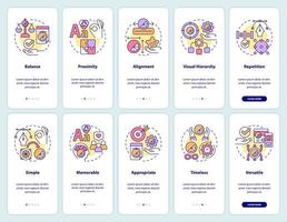 Design principles onboarding mobile app screen set. Visual content walkthrough 5 steps graphic instructions pages with linear concepts. UI, UX, GUI template. Myriad Pro-Bold, Regular fonts used vector