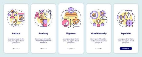 principios de diseño gráfico que incorporan la pantalla de la aplicación móvil. tutorial de obras de arte páginas de instrucciones gráficas de 5 pasos con conceptos lineales. interfaz de usuario, ux, plantilla de interfaz gráfica de usuario. innumerables fuentes pro-negrita y regulares utilizadas vector