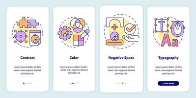 principios de diseño gráfico que incorporan la pantalla de la aplicación móvil. tutorial de trabajo del diseñador páginas de instrucciones gráficas de 4 pasos con conceptos lineales. interfaz de usuario, ux, plantilla de interfaz gráfica de usuario. innumerables fuentes pro-negrita y regulares utilizadas vector