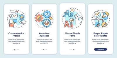 Graphic design rules onboarding mobile app screen. Visual content making walkthrough 4 steps graphic instructions pages with linear concepts. UI, UX, GUI template. Myriad Pro-Bold, Regular fonts used vector