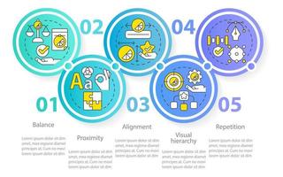 plantilla infográfica circular de principios de diseño gráfico. obra de arte visualización de datos con 5 pasos. gráfico de información de la línea de tiempo del proceso. diseño de flujo de trabajo con iconos de línea. innumerables fuentes pro-regulares utilizadas vector