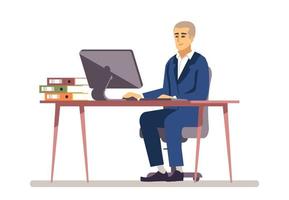 Ergonomic workstation semi flat RGB color vector illustration. Pleased office worker sitting in front of computer isolated cartoon character on white background