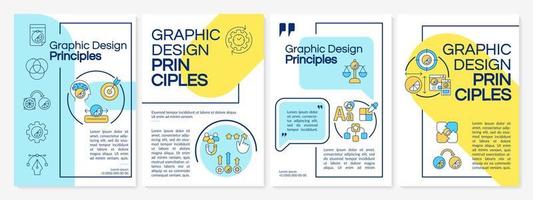 principios de diseño gráfico plantilla de folleto azul y amarillo. producción de contenidos. diseño de folletos con iconos lineales. 4 diseños vectoriales para presentación, informes anuales. fuentes questrial, lato-regular utilizadas vector