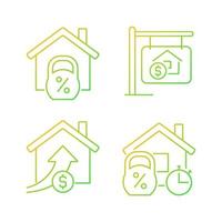 Buying house gradient linear vector icons set. Home mortgage. Accomodation purchase. Real estate. Property sale. Thin line contour symbol designs bundle. Isolated outline illustrations collection