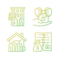 Real estate market gradient linear vector icons set. Property sale. Apartment purchase. Home donation. Realty price. Thin line contour symbol designs bundle. Isolated outline illustrations collection