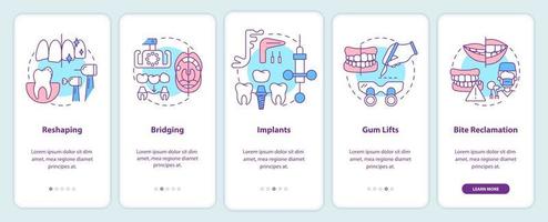 Cosmetic dentistry procedures onboarding mobile app screen. Gum lifts walkthrough 5 steps graphic instructions pages with linear concepts. UI, UX, GUI template. Myriad Pro-Bold, Regular fonts used vector