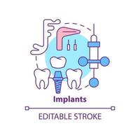 Implants concept icon. Cosmetic enhancement procedure abstract idea thin line illustration. Replacing missing teeth. Isolated outline drawing. Editable stroke. Arial, Myriad Pro-Bold fonts used vector