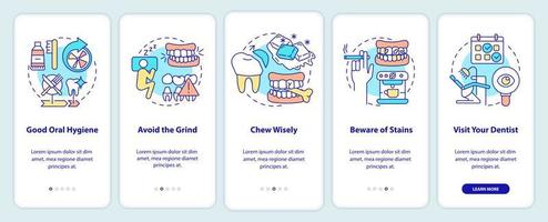 Taking care of veneers onboarding mobile app screen. Good oral hygiene walkthrough 5 steps graphic instructions pages with linear concepts. UI, UX, GUI template. Myriad Pro-Bold, Regular fonts used vector