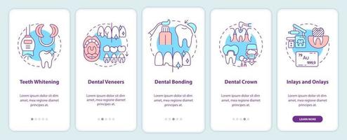 Cosmetic dentistry types onboarding mobile app screen. Teeth whitening walkthrough 5 steps graphic instructions pages with linear concepts. UI, UX, GUI template. Myriad Pro-Bold, Regular fonts used vector