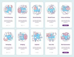 Stomatology onboarding mobile app screen set. Dental veneers. Reshaping walkthrough 5 steps graphic instructions pages with linear concepts. UI, UX, GUI template. Myriad Pro-Bold, Regular fonts used vector