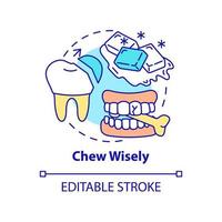 Chew wisely concept icon. Veneers maintenance abstract idea thin line illustration. Teeth and gum tissue protection. Isolated outline drawing. Editable stroke. Arial, Myriad Pro-Bold fonts used vector