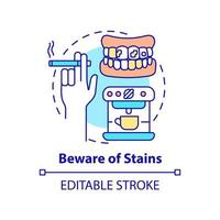 Beware of stains concept icon. Taking care of veneers abstract idea thin line illustration. Tooth discoloration. Bad habit. Isolated outline drawing. Editable stroke. Arial, Myriad Pro-Bold fonts used vector