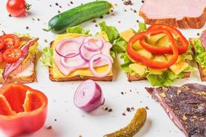 Different kind of sandwich and ingredients on a white background, close up photo