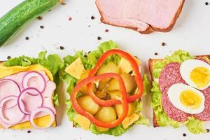 Different kind of sandwich and ingredients on a white background, top view photo