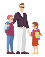 Parent with children semi flat RGB color vector illustration. Father supporting kids at first day of school isolated cartoon characters on white background