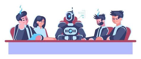 Staff meeting semi flat RGB color vector illustration. Robot boss among human workers isolated cartoon characters on white background