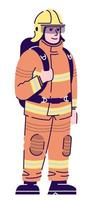 Ilustración de vector de color rgb semiplano de rescatador profesional. bombero totalmente equipado personaje de dibujos animados aislado sobre fondo blanco