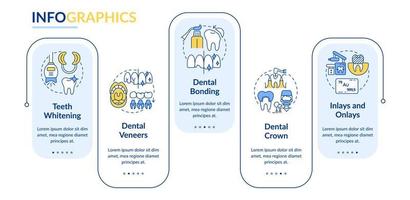 Cosmetic enhancement types rectangle infographic template. Dental crown. Data visualization with 5 steps. Process timeline info chart. Workflow layout with line icons. Lato-Bold, Regular fonts used vector