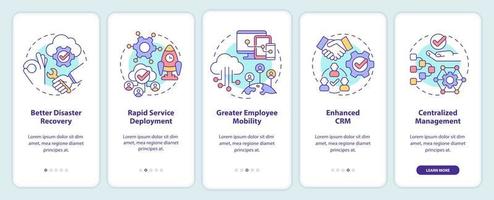 UCaaS advantages onboarding mobile app screen. Technology walkthrough 5 steps graphic instructions pages with linear concepts. UI, UX, GUI template. Myriad Pro-Bold, Regular fonts used vector